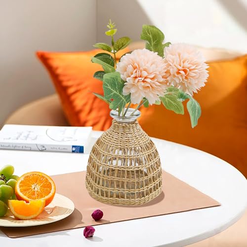 Flower Vases with Rattan Cover, Straw Woven Glass Vase, Rattan Woven Vase Decorative, Glass Flower Vase, Boho Glass Flower Vase, Vase for Home Flower Arrangement Table Decoration, 5.3''X3.5'',D Style - size: 5.3IN