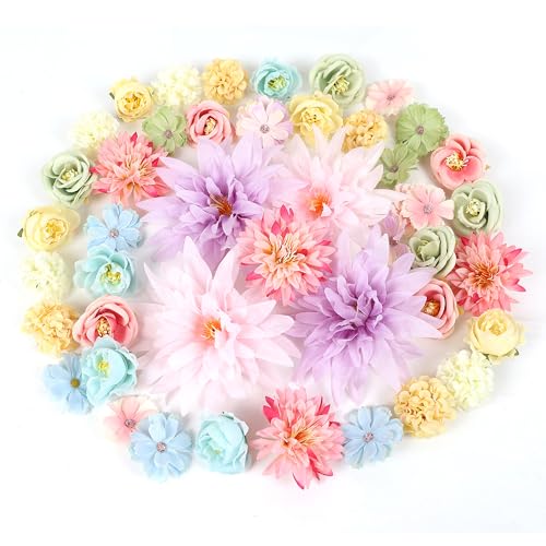 LACGO 48 PCS Fake Flowers Heads - Artificial Flower Heads Bulk Silk Faux Rose DIY Flower Embellishments Blossom Wreath Bouquets for Crafts Wedding Bridal Party Baby Shower Home Decoration(Mix Color) - color: Mix Color
