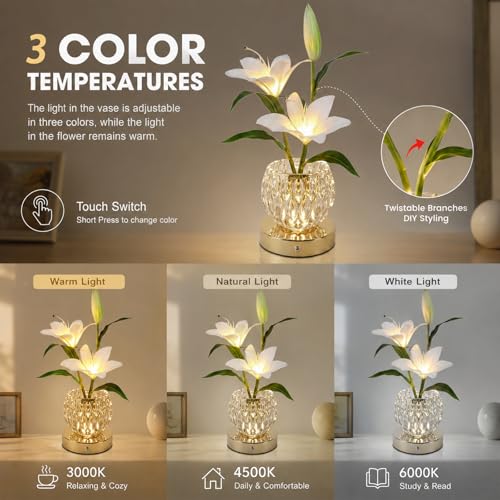 Lily Flower Lamps, 3 Colors Touch Stepless Dimming Glass Night Light, Rechargeable Artificial Flower Light, LED Flower with Vase Lamp Romantic Decor for Date Party Home (White - Lily) - color: White - Lily