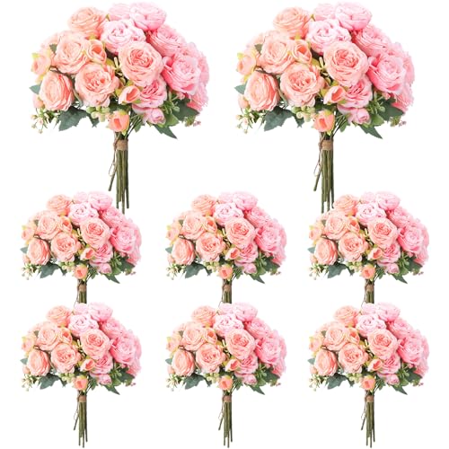 Geosar 8 Bundles Artificial Peonies Flowers Fake Silk Peony Bouquet Faux Peonies Flowers Bulk for Decoration Vase Floral Arrangements Wedding Party Table (Peach Pink,Light Pink) - color: Peach Pink, Light Pink