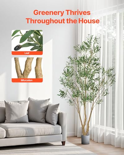 VEVOR 8FT Artificial Olive Tree with Black Pot, Tall Fake Tree with Natural Wood Trunk & Realistic Green Leaves and Fruits, Indoor Faux Plant for Home, Office, Living Room, Corner Decor - color: Olive Tree Type 2, size: 8ft