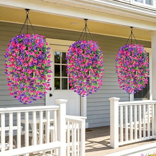 Artificial Hanging Flowers for Outdoors, 6 PCS Silk Morning Glory Artificial Flowers with Eucalyptus Leaves, UV Resistant Fake Flower Realistic Faux Plants for Home Patio Porch Garden, Purple+Fuchsia - color: Purple+fuchsia