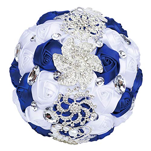 Wedding Bouquets Crystal Satin Rose Bride Bridal Bouquet Romantic Bridesmaid Holding Flower for Valentine's Day Confession Party Church Decor (Royal Blue White) - color: Royal Blue White