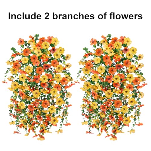 INSPRING Artificial Flowers for Outdoors Fake Mums Hanging Plants Decor, 2Pcs Silk Daisy with Eucalyptus UV Resistant Look Real Trailing Vines for Planter Front Door Patio Yard, OrangeYellow - color: Orangeyellow