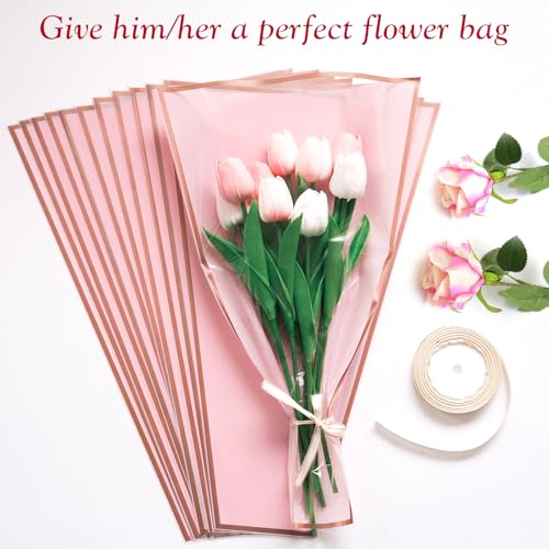Wzifyf 50 PACK Flower Bags for Bouquets Flower Bouquet Holders Pink Floral Wrapping Paper flower Sleeves Build Your Own Bouquet Bar with 72 Ft Ribbons for Valentine's Day Packaging Supplies - color: Pink, size: bouquet wrap