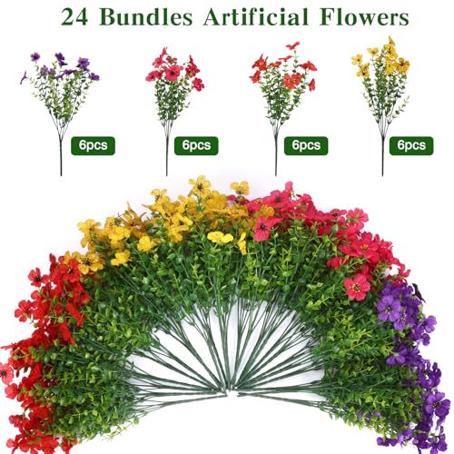 CEWOR Artificial Flowers for Outdoor Indoor, Fake Silk Daisy with Eucalyptus Leaves, Faux Flower for Garden Front Door Porch Planter Patio Home Decor (24 Bundles, Mix Red Purple Yellow Fuchsia) - color: 4 Color Daisy