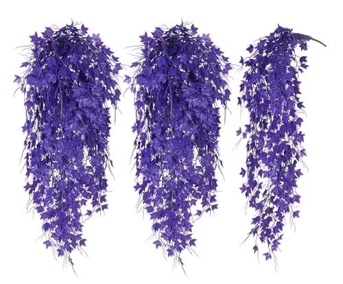 RECUTMS 3Pcs 31.5" Fake Hanging Plants Fake Ivy Vine Artificial Ivy Leaves | UV Resistant,Pure Purple Plastic Vines,Faux Hanging Greenery Stems,Trailing Greenery for Planters Home Yard Wall Garden Decor - color: Pure Purple, size: Hanging Ivy