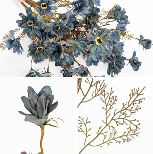3 Bundles Artificial Daisy Flowers with Branches for Autumn Floral Arrangements, 20" Faux Wildflowers Mums Sprays for Fall Decor, Wedding Centerpieces, Fake Chrysanthemums Silk Flowers in Cyan Blue - color: Cyan Blue
