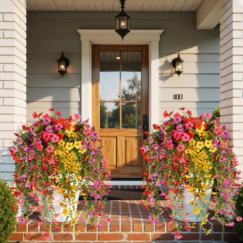 Artificial Hanging Flowers for Outdoor Decor, 6 Bundles UV Resistant Faux Silk Flowers, Fake Hanging Plants for Porch Patio Yard Planter Indoor Home Decoration(Fuchsia, Red, Purple, Yellow) - color: 4 Multicolor