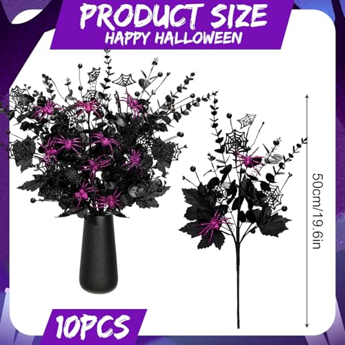 Giegxin 10 Pcs Halloween Floral Picks Halloween Decorations 19.5inch Black Artificial Flowers Branches Eucalyptus Stems Glitter Spiderweb Maple Leaf Stems for Home Indoor Party Vase Arrangement Decor