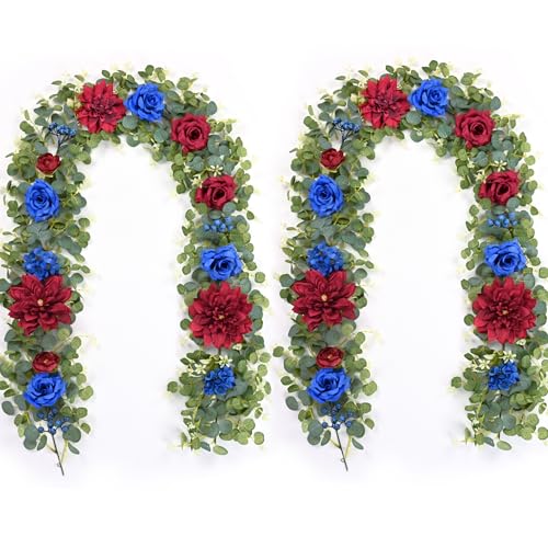 Waipfaru 2Pcs Flower Garland, 6Ft Eucalyptus Greenery Garland, Rose Floral Vines for Wedding Table Runner Centerpieces Backdrop Decor (Red Blue) - color: Red Blue-6.07ft, size: 2 Pack