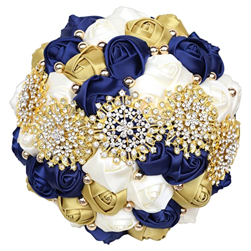 Bridal Wedding Bouquet with Gold Rhinestone Pearl for Quinceanera Bride Bridesmaid Satin Rose Flower Brooch Bouquet Wedding Navy Blue and Gold Ivory 9.5in - color: ['Navy, Gold & Ivory'], size: Diameter: 9.5 inches