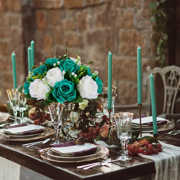 BLOSMON Flower Ball Centerpieces for Wedding: 10 Pcs Teal White Fake Roses Flowers Artificial for Table - Silk Kissing Bouquet Floral Arrangement Center for Home Party Event Decor | Artificial Floral Arrangement for Table - Faux Silk Kissing Bouquet with
