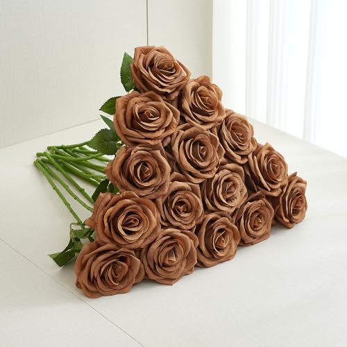 15pcs Fake Roses Artificial Silk Flowers Faux Rose Flower Long Stems Bouquet for Arrangement Wedding Centerpiece Party Home Kitchen Decor - color: 15pcs Coffee