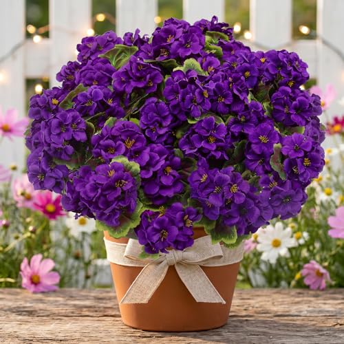 lovemoon 8 Pcs Artificial Geranium Plant Realistic Silk Flowers for Outside UV Resistant Faux Geraniums Flowers for Indoor Outdoor Home Garden Office Decoration (8, Purple) - color: Purple