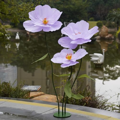 Large Paper Artificial Flowers,Giant Flowers for Decoration,Huge Handcrafted Poppy Fake Flowers with Stand for Home Decor Bridal Shower Party Outdoors Yard Event Backdrop Decor (Purple) - color: Purple