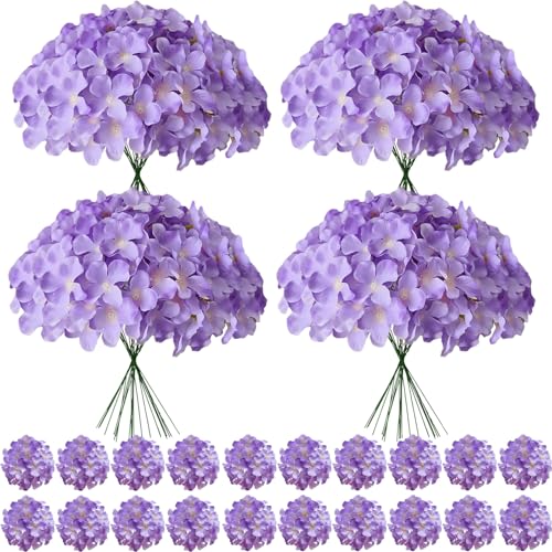100 Pcs Faux Purple Hydrangea Artificial Flowers Bulk, Fake Silk Hydrangea Flowers Heads with Stems for Wedding Decorations Garden Party Baby Shower Porch Home Decor Table Centerpieces - color: Purple, size: 100 Pcs