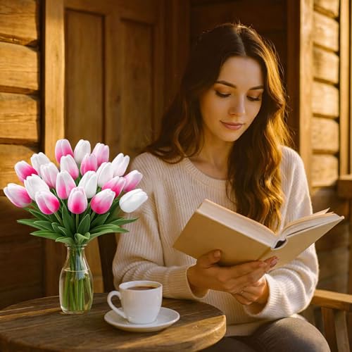 20 Pcs Tulips Artificial Flowers, 13.5'' Real Touch PU Fake Flowers Bouquet for Home Party, Spring Wedding Floral Arrangement, Valentine's, Easter and Mother's Day Decor (White,Rose Red) - color: White,rose Red