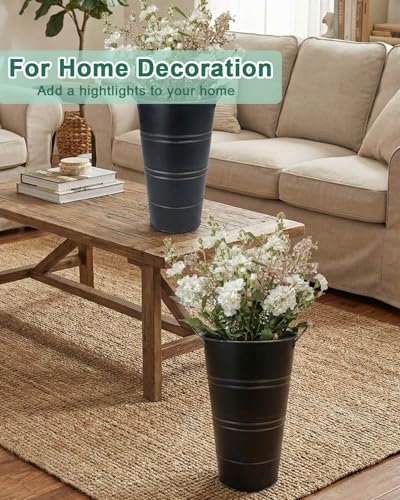 12 Inch Galvanized Metal Vases for Flowers - 6 Pcs Farmhouse Decorative Tall Flower Bucket with Handles, Rustic French Tin Planter Buckets for Wedding Decor (Black) - color: Black