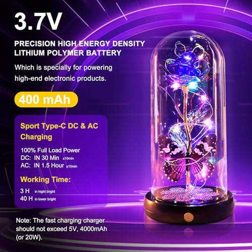 Mothers Day Rose Gifts for Mom Birthday Gift for Women, Rechargeable Galaxy Glass Rose in Glass Dome Crystal Roses Butterfly Mother's Day Flowers Gifts for Women Mom Wife Grandma Daughter, Purple - color: USB-B Purple