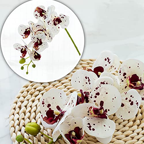 HinyoCo 5 Pcs Artificial Orchid Flowers and 4 Bundles Leaves, Artificial Phalaenopsis Flowers 32 Inch Stem Plants for Home Wedding Decoration (White with Spots) - color: White With Spots