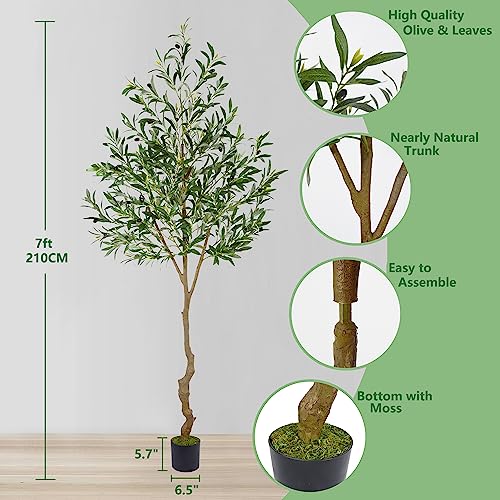 Warmplants Artificial Olive Tree, 7ft Tall Fake Olive Leaves Plant with Basket, Indoor Outdoor Faux Olive Topiary Silk Tree for Home Livingroom Office Décor - size: 7ft