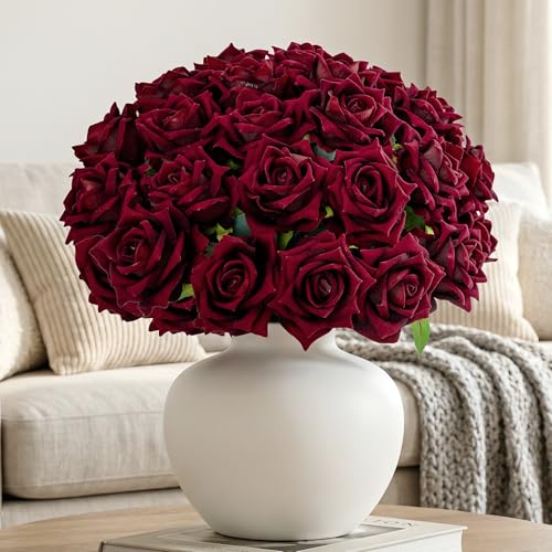 Ttranewsoo Fake Roses Faux Flowers Silk Roses Artificial Roses with Stems Realistic Artificial Flowers Suitable for Indoor Home Decoration Diy Bouquet Wedding Decor Party Decor 24PCS(Black red,16.5In) - color: Black Red 24pcs