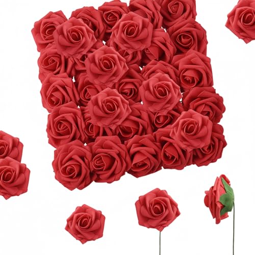 Artificial Flowers, 25 Pcs Red Foam Fake Roses Bulk for Flower Decoration DIY Wedding Bouquets, Artificial Rose with Stems for Centerpieces Bridal Shower Party Christmas Tree Cake Decor - color: Red
