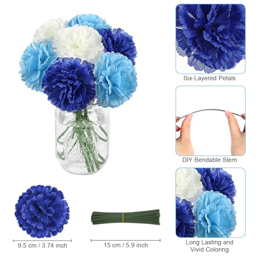 108pcs Carnation Head with Stem, Royal Blue White Artificial Flowers Carnations Bulk, 3.5" Silk Carnation Flower for Wedding Bouquet Table Centerpieces Floral Arrangement Funeral Cemetery Gravesite - color: Gradient Blue&white