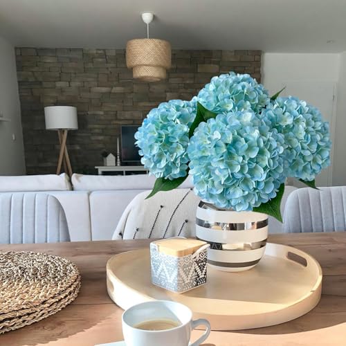 JINWOE Lake Blue Faux Hydrangea Flowers, 4Pcs 22" Large Lifelike Silk Artificial Hydrangeas, Full Fake Flowers for Bouquet Table Centerpieces Outdoor Wedding Indoor Home - color: Lake Blue