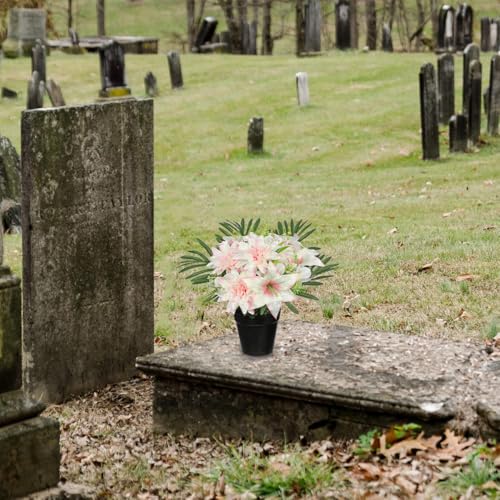 Hollyone Artificial Cemetery Flower for Graves, White Pink Faux Lily Dahlia Flowers in Pot Silk Cemetery Memorial Flowers for Outdoors Gravesites Headstones Home Decoration - color: Pink-dahlia Lily