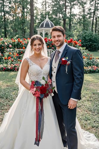 TINGE TIME 9 inch Bridal Bouquets for Bride, Artificial Silk Flowers Tossing Bouquet, Bride Bouquets for Wedding,Ceremony, Anniversary (Red&NavyBlue) - color: Red & Navy Blue