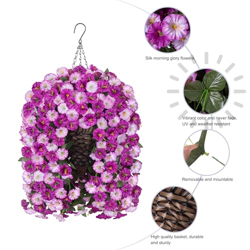 Artificial Fake Hanging Flowers Basket for Outdoor Indoor Decoration,UV Resistant Faux Silk Light Fuchsia and Fuchsia Morning Glory Flowers Plants Realistic Hanging Planter for Outside Home Porch Yard - color: Light Fuchsia+fuchsia Morning Glory