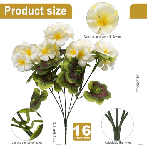 lovemoon 16 Pcs Artificial Geranium Plant with Realistic Silk Flowers and Green Leaves，Faux Geranium Flowers for Indoor Outdoor Home Garden Office Decoration (16, White) - color: White
