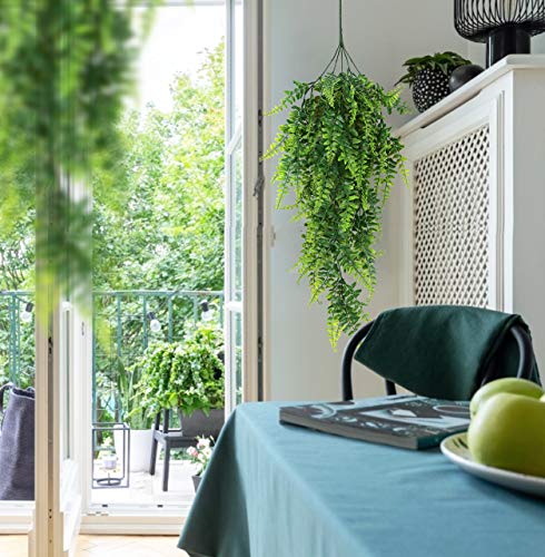 RECUTMS Hanging Artificial Plants 4Pcs UV Resistant Fake Boston Fern Realistic Faux Greenery Plastic Ivy Vines for Wall Home Room Garden Wedding Party Garland Outside Decoration(Green) - color: Green