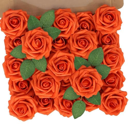 N&T NIETING Artificial Fall Flowers Fake Flowers Orange Roses Perfect for DIY Wedding Bridal Bouquets Centerpieces Bridal Shower Party Home Flower Arrangement Thanksgiving Decorations, 25Pcs - color: Burnt Orange, size: 25pcs
