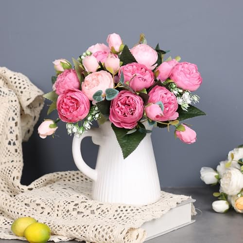 Artificial Peony Flowers Silk Peony Rose Real Touch Fake Flowers 3pcs Single Stem with 5 Heads Bouquet for Home Wedding Party Decoration (Pink) - color: Pink