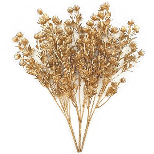 Artificial Golden Baby Breath Flowers, Plastic Fake Gypsophila Flower for Indoor Outdoor Christmas Wedding Home Party Table Arrangement Decoration DIY Planter Filler Gold Leaves Decoration - 3 Pack - color: Gold Babys Breath - 3 Pack