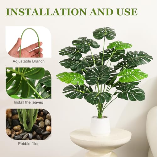 Pertivery 28'' Fake Plants Large Artificial Monstera Faux Plants Indoor Tall Plant, Pre-Assembled with White Planter Ideal, for Home Living Rooms, Patios, Porches, Bathrooms, and Outdoor Decor DIY