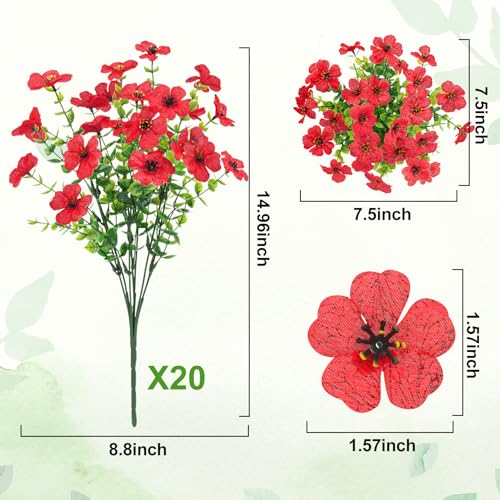 20 Bundles Artificial Flowers for Outdoors Decoration Fake Silk Flowers UV Resistant Faux Plants Artificial Daisy Eucalyptus for Spring Summer Garden Yard Porch Window Home Decor, Red - color: Red