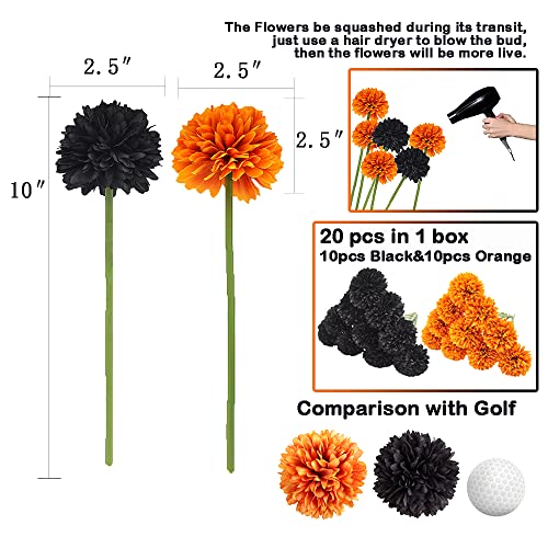20Pcs Artificial Fake Flower Plants Silk Chrysanthemum Ball Hydrangea Arrangements Wedding Bouquets Decor Home Kitchen Garden Party Table Floral Centerpieces DIY (Orange&Black) - color: Orange&black