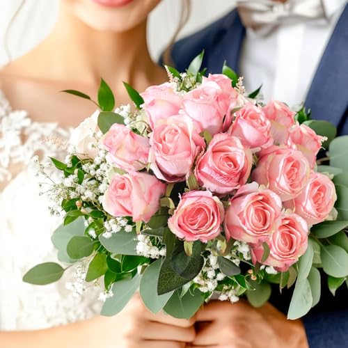 12Pcs Realistic Fake Light Pink Roses Faux Flowers with Long Stems, Artificial Silk Rose Flowers for Valentines Day Home Wedding Decor Bridal Bouquet - color: Light Pink
