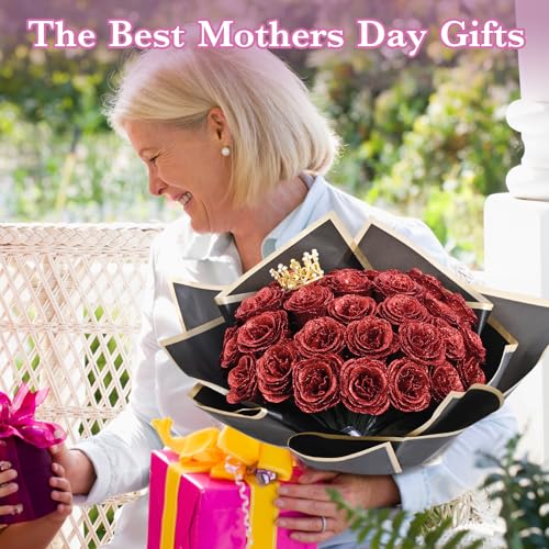 Waipfaru Red Glitter Roses Bouquet, DIY Flowers Bouquet, Birthday Gifts for Women Mom Grandma Wife Girlfriend, 24 Pcs Fake Rose for Valentines, Mothers Day, Anniversary, Graduation Gifts - color: Red, size: 24pcs