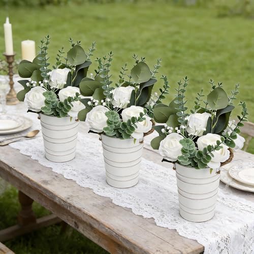 6 PCS Large Wedding Flower Table Centerpieces - 10 Inches Artificial Floral Arrangement with Rustic Tall Metal Vase for Wedding Birthday Party Bridal Baby Shower Event Decorations - White - color: White, size: 6 X Flowers Table Centerpieces