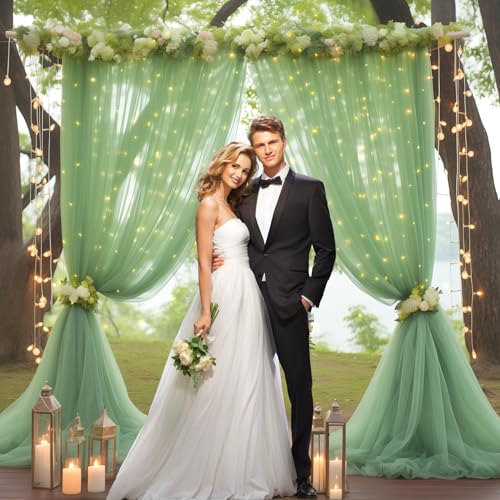 10ft x 8ft Green Backdrop Curtain with Lights String for Parties, Sheer Tulle Wedding Photo Backdrops Drapes for Baby Shower Birthday Party Decorations Background for Photography - color: Green, size: W5' x H8'(2 panels)