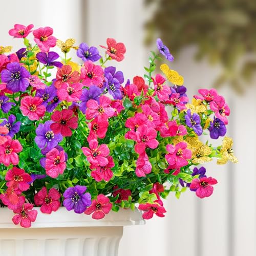 16 Bundles Artificial Fake Flowers Plants for Outdoors Spring Summer Decor,Faux Flowers Plant Silk Daisy UV Resistant for Outside Planters Front Porch Patio Yard Garden Home(Red,Purple,Yellow,Fuchsia) - color: Mix Red Purple Yellow Fuchsia