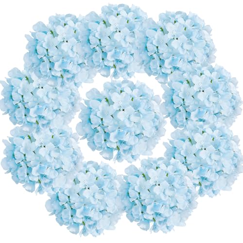 Auihiay 10PCS Hydrangea Artificial Flowers, Faux Blue Flowers for Wedding Centerpieces, DIY Bouquets, Bridal Shower, Floral Decor Home Decoration with Stems (VASE NOT Included) - color: Light Blue