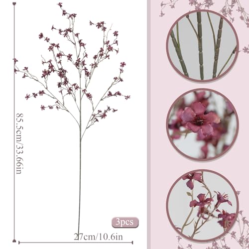 3 Pcs Cherry Blossom Branches Artificial Flowers for Spring Summer Indoor Decoration Faux Cherry Blossom Long Stems Fuchsia Silk Fake Flowers for Tall Vase Arrangements Home Wedding Table Decor - color: Fuchsia