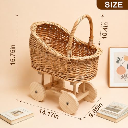 Vintage Wicker Baby Carriage Decor，Woven Rattan Stroller Flower Basket Cart for Wedding Centerpieces, Baby Shower Party Supplies & Nursery Floral Arrangement Props Floral Rustic Home Decor - color: Medium-1