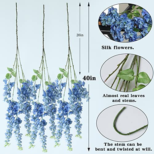 Dailisen 3 Strands 40'' Silk Blue Wisteria Artificial Flowers, Fake Wisteria Floral Hanging Plant Garland, for Home Decor, Party, Floor Vase, Balcony, Wedding Arrangement Decoration (Blue) - color: Blue